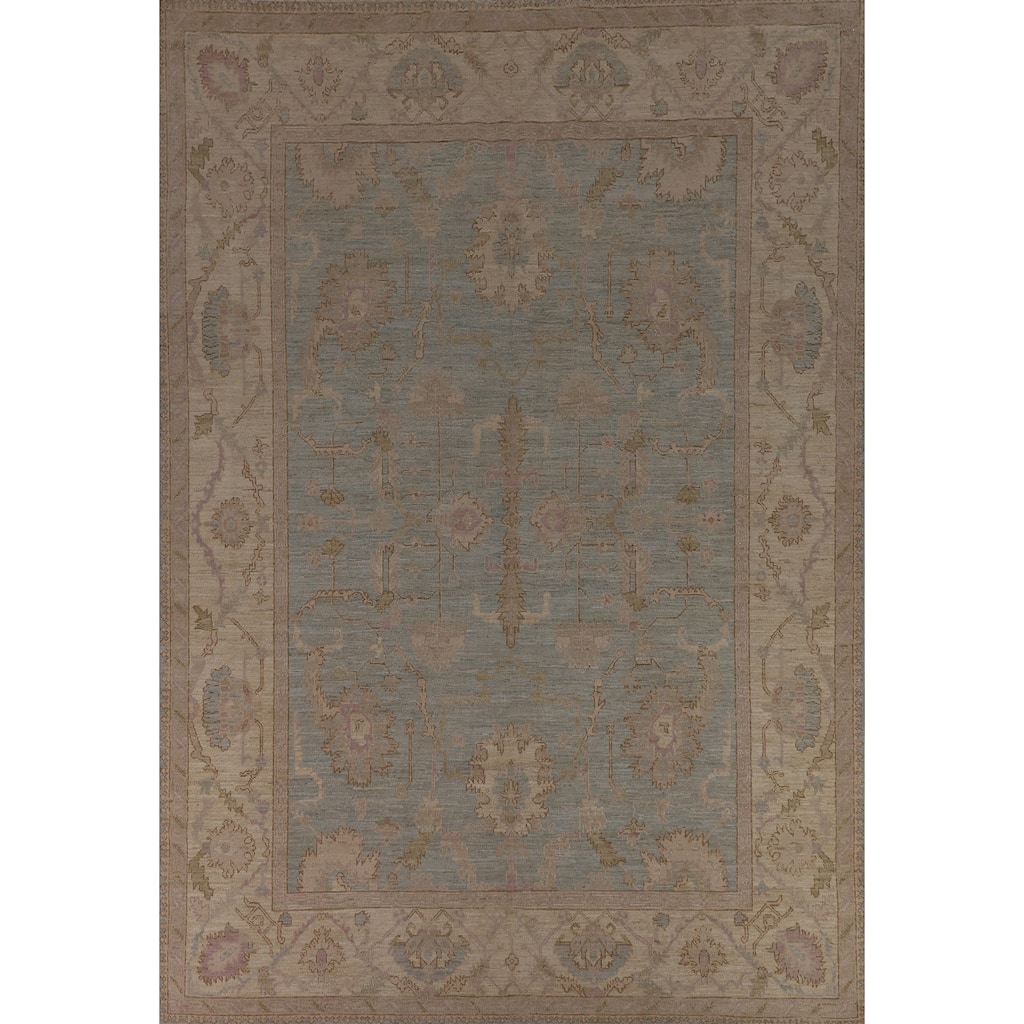 Floral Blue Oushak Turkish Area Rug Hand-Knotted Wool Carpet - 9'0"x 12'1"