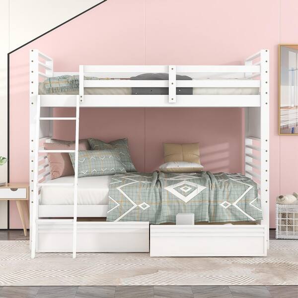slide 2 of 58, Playhouse Inspired Twin over Twin Bunk Bed with Two Drawers White