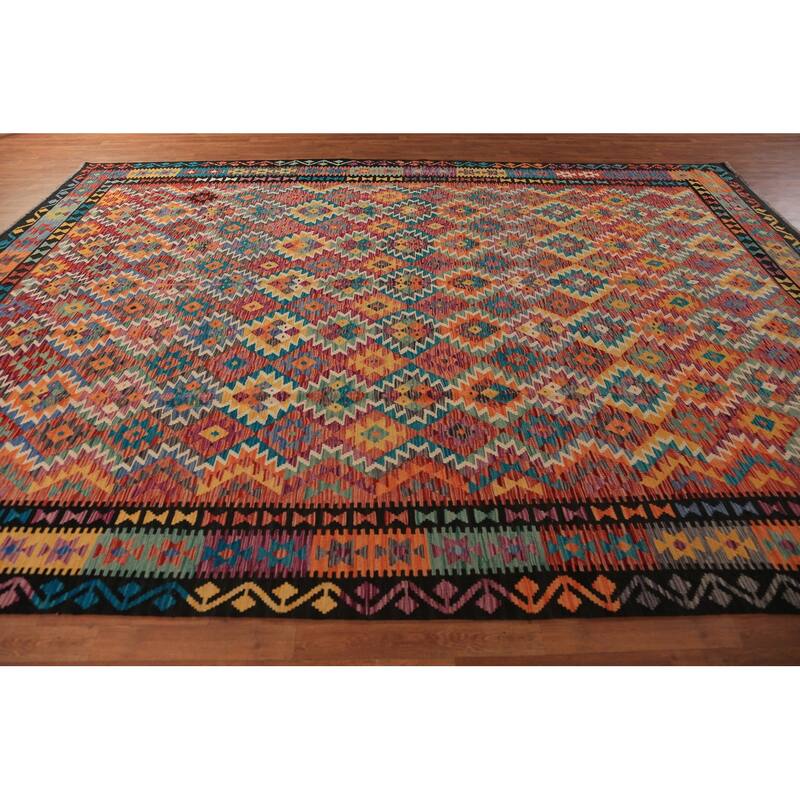 All-Over Trellis Kilim Oriental Area Rug Hand-Woven Wool Carpet - 9'10"x 12'11"