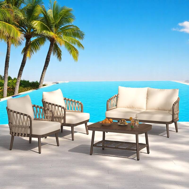 4-Piece Outdoor Conversation Set with Woven Rope U-Shaped Backrest, Acacia Wood Coffee Table, Water-Repellent Cushions