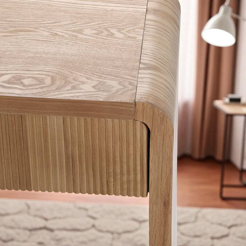 Modern 3-Drawer Console Table with Vertical Slat Design, Rounded Edge Entryway Storage Table with Shelf