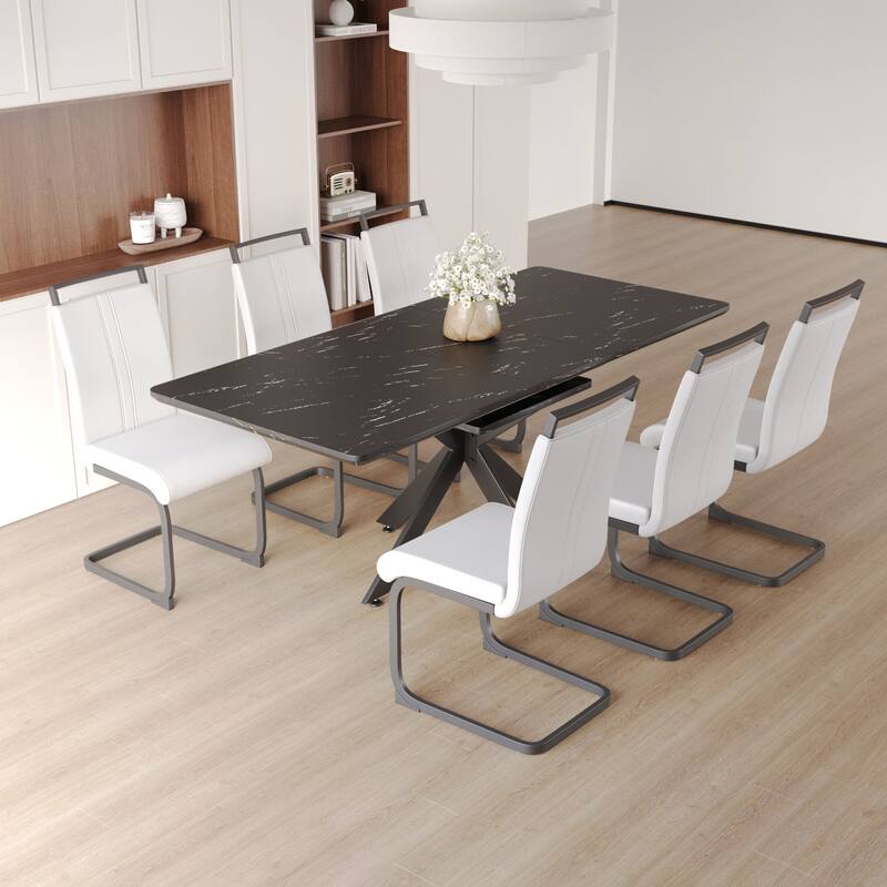 Modern Dining Set with Rectangular Extendable Table & High Back C-shaped Tube Armless Chairs
