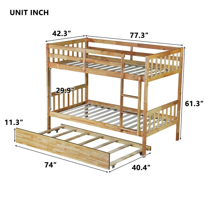Roomfitters Twin Over Twin Rubber Wood Bunk Bed with Trundle, Convertible to Two Twin Beds, Ladder and Guardrails