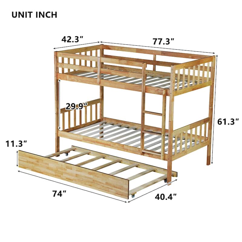 Twin Over Twin Rubberwood Bunk Bed with Pull-Out Trundle, Convertible into Two Separate Beds, Ladder and Safety Guardrails
