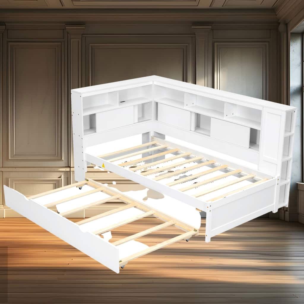 Twin Size Wood Daybed with Storage Shelves, Built-In USB Charging Station, and Trundle for Extra Sleeping Space