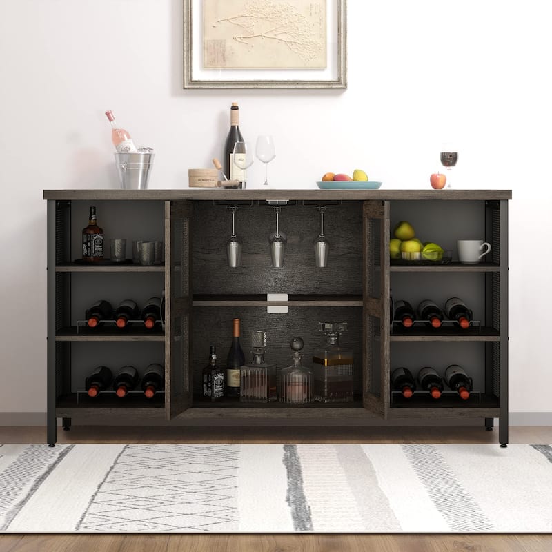 Industrial Wine Bar Cabinet Wood Buffet Cabinet Wine Rack Sideboard - 55“W
