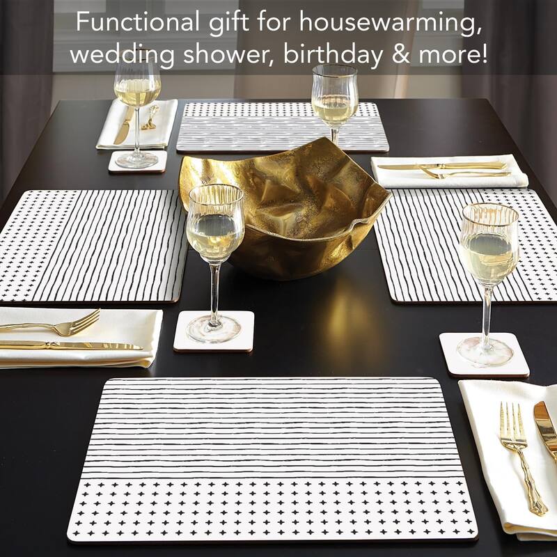 Lines & Dots Decorative Hardboard Placemats with Protective Cork Backing 4 Pack Heat Tolerant and Easily Wipes Clean