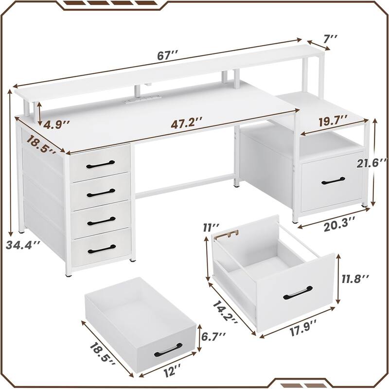Home Computer Desk File Drawer & Power Outlet 5 Drawer Monitor Shelf