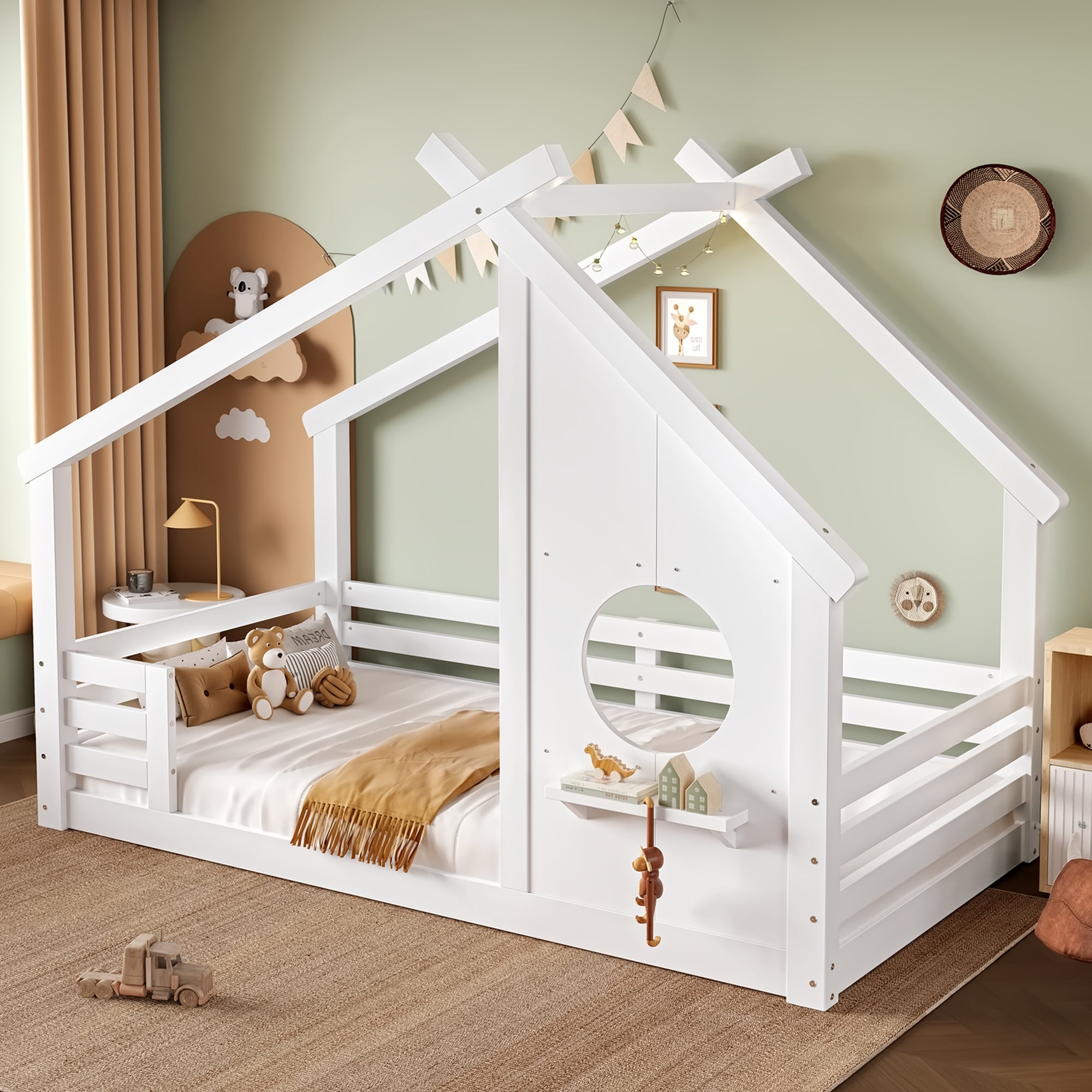 Twin House Floor Bed with Window and a Small Shelf, Solid Wood Floor Bed with House-shaped Roof, No Spring Box Needed
