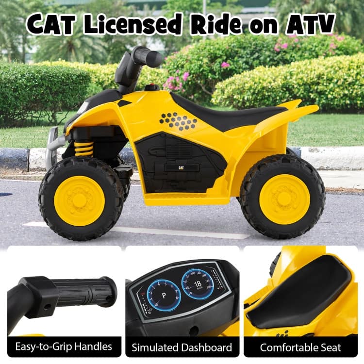 Caterpillar Licensed Yellow Ride-On for Toddlers, 6V Battery Powered Quad with LED Headlight - 15" x 25" x 17"