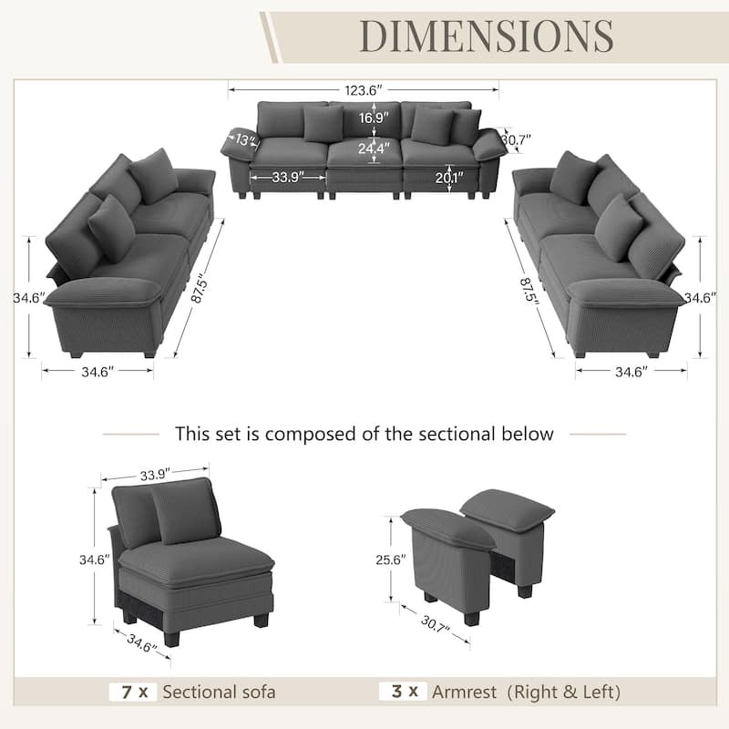 MAISON ARTS Chenille & Corduroy Modular Sectional Sofa Set, Comfy 5/6/7-Seat Living Room Couch with 3-Seater or Loveseat