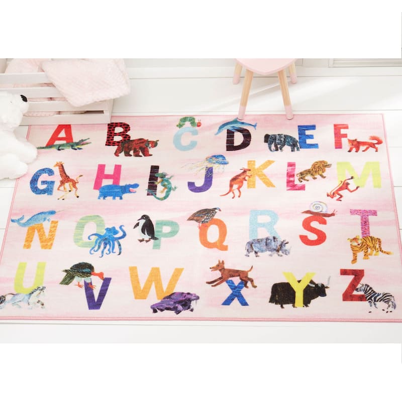 Eric Carle Elementary Pink Alphabet Machine Washable Kids Area Rug