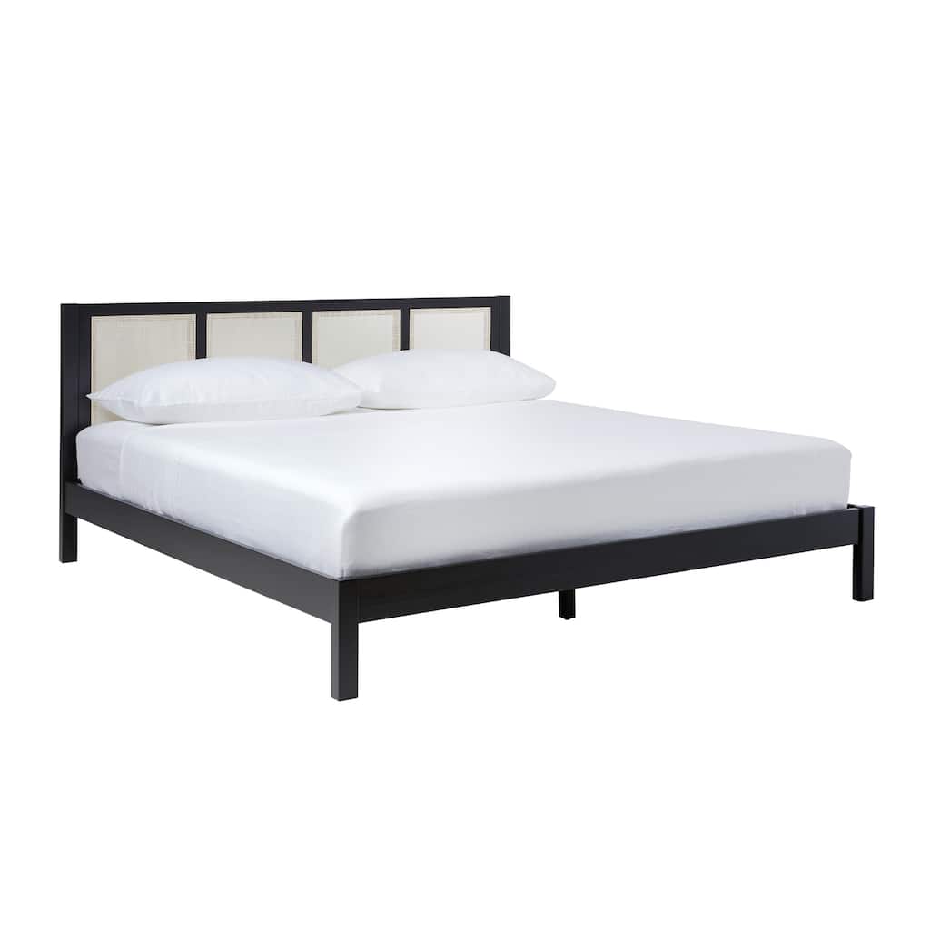 Solid Wood Rattan Panel King Bedframe in Black