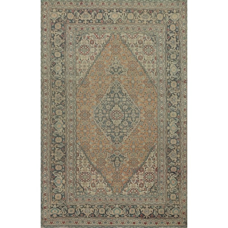 Hand Knotted Oriental 100% Wool Carpet Traditional Medallion Oranges & Rust Tabriz Area Rug - 9' 6'' X 6' 7''