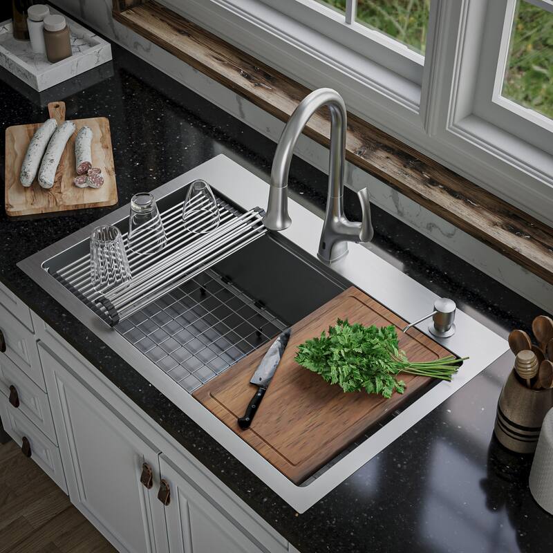 Karran Elite WST-23-PK1 Top Mount 33" Single Bowl Stainless Steel Workstation Kitchen Sink