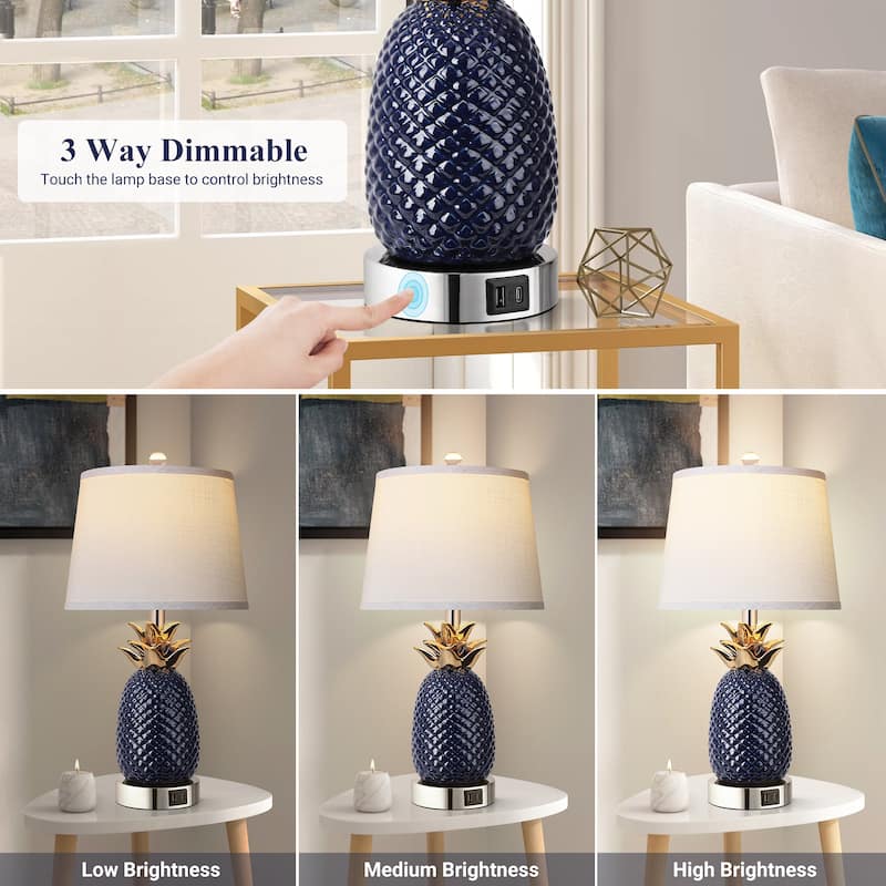 22" Pineapple Table Lamps Set of 2, 3 way Dimmable Ceramic Table Lamp, Modern Table Lamp with USB Port,Bulbs Included, 9W