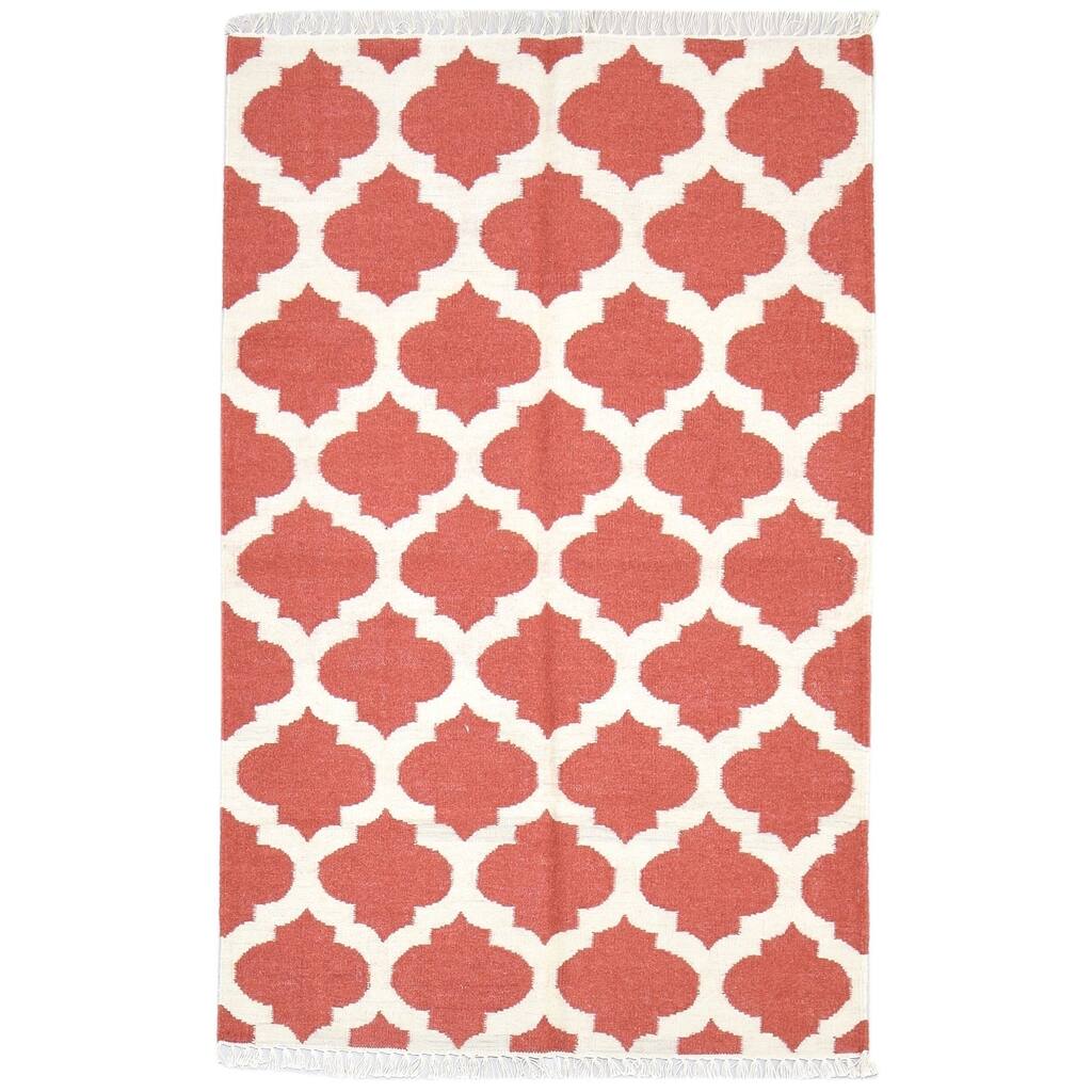 One of a Kind Flatweave Modern 4' x 6' Trellis Wool Red Rug - 4' x 6'