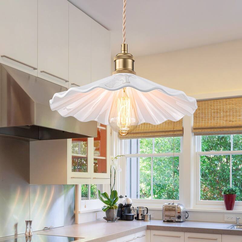 1-Light White Ceramic Petal Pendant Light, Modern Floral Design for Kitchen Island