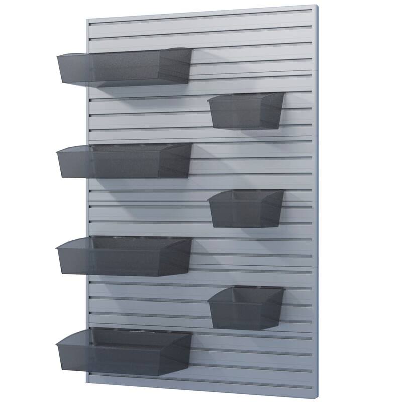 8 Piece Slatwall Panel & Hard Bin Storage Set - Silver Slat Wall
