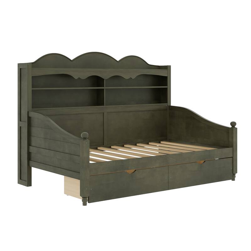 Twin Daybed with Storage Drawers and Headboard Shelving Wooden Frame