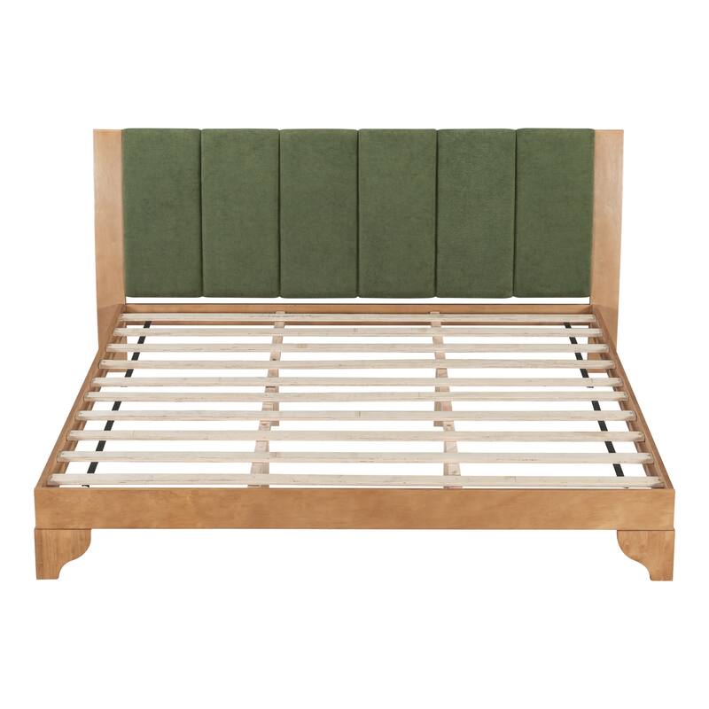 Mid-Century Modern Wood Platform Bed Frame with Upholstered Headboard, Wood Slat Support, No Box Spring Needed, Easy Assembly