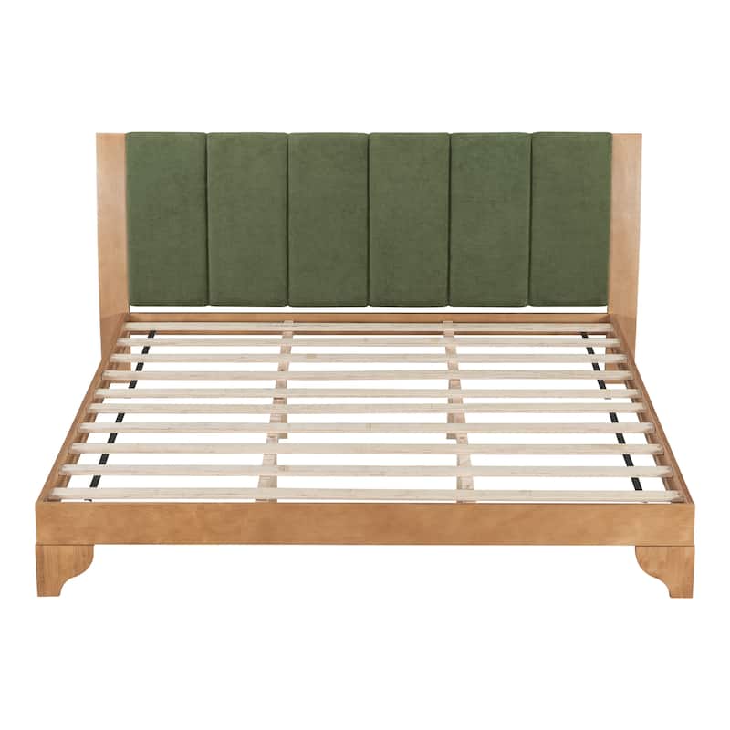 Pine Wood Bed Frame Mid Century Modern Platform Bed with Green Upholstered Headboard, Wood Slat Support Low Profile Wingback Bed