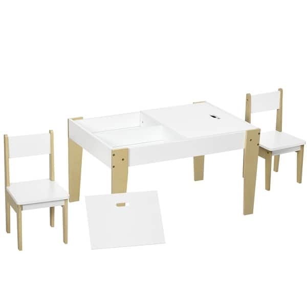 slide 2 of 7, Qaba 3 Pcs Kids Table and Chair Set with Storage Under Tabletop, Activity Table and 2 Chairs, Kids Drawing Table White