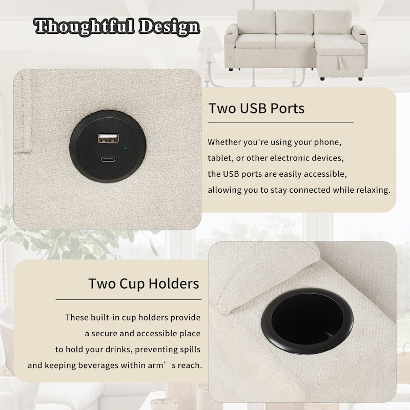 83.5" L-Shaped Convertible Sectional Sofa Bed with Storage Chaise Cup Holders USB Ports Chenille Couch for Living Room