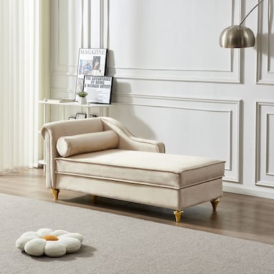 Beige Modern 60.6" Velvet Upholstered Chaise Lounge Chair with Metal Legs and Storage