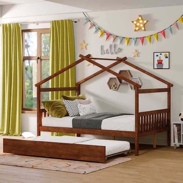 slide 2 of 36, Full Size Wooden House Bed with Twin Size Trundle Bed Frame for Kids, Teens, Girls, Boys No Box Spring Needed, Easy Assembly Walnut