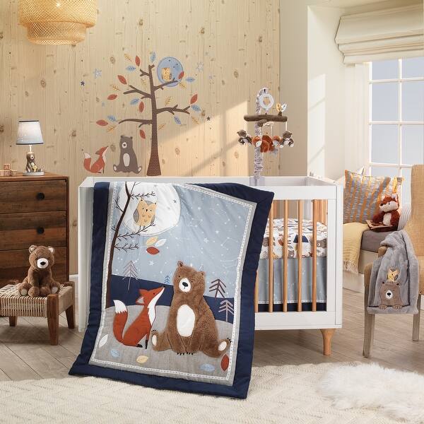 slide 2 of 10, Lambs & Ivy Sierra Sky Blue/Gray Woodland Nursery 3-Piece Baby Crib Bedding Set