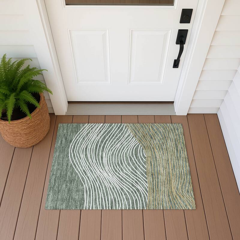 Machine Washable Indoor/ Outdoor Modern Arches Chantille Rug - Basil - 1'8" x 2'6"