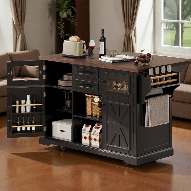 54.9" Farmhouse Kitchen Island with Drop Leaf, Power Outlet, Glass Door, 4 Storage Shelves & Barn Doors on Wheels