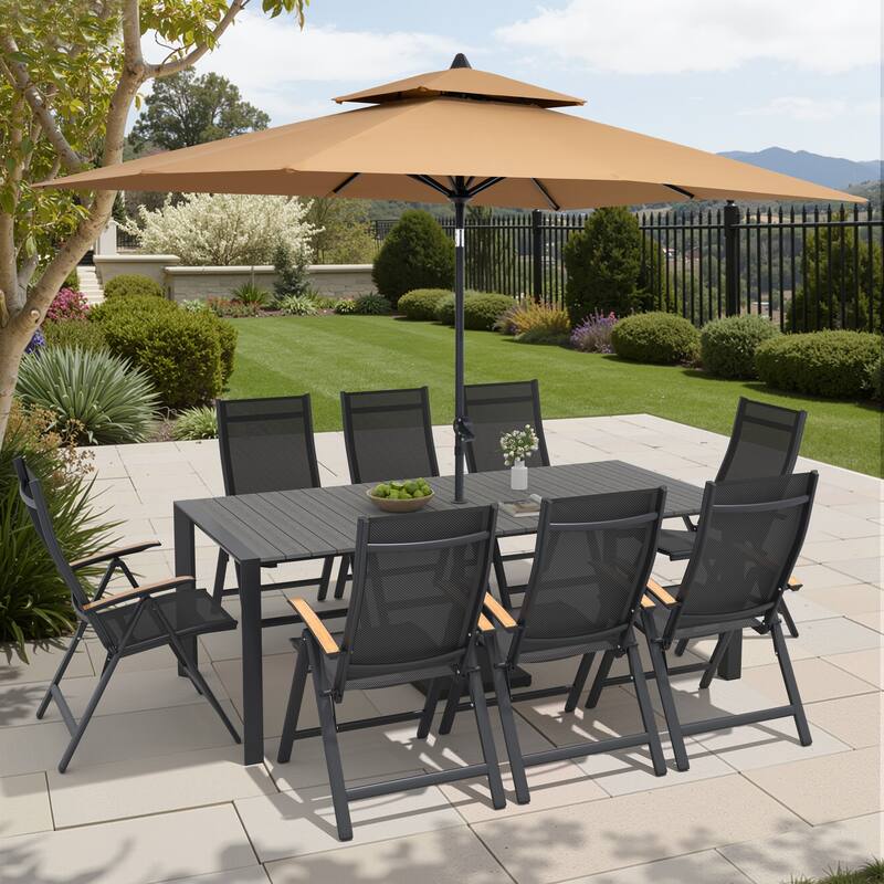 9/11-Piece Outdoor Patio Dining Set Aluminum Dining Table and Chairs w/10 ft Market Umbrella and Base - Set of 11 - Grey Table with Tan Umbrella