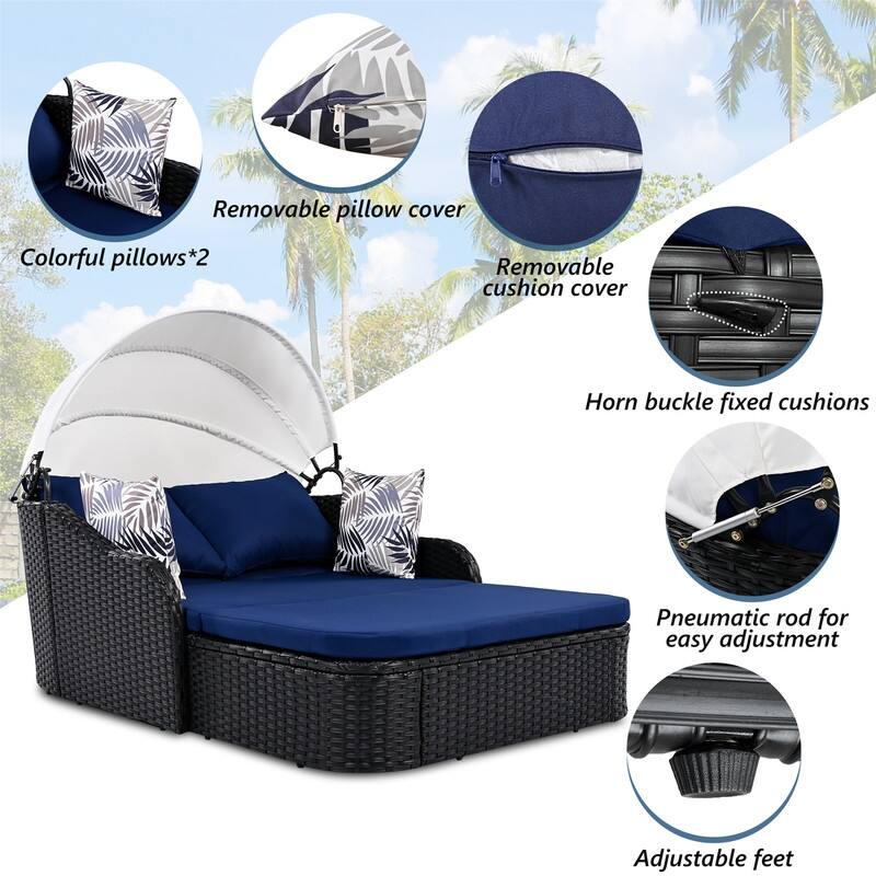 Outdoor Rattan Sunbed, Patio Wicker Daybed Lounger with Adjustable Canopy, Double Lounge,Thick Seat & Cushions, Conversation Bed