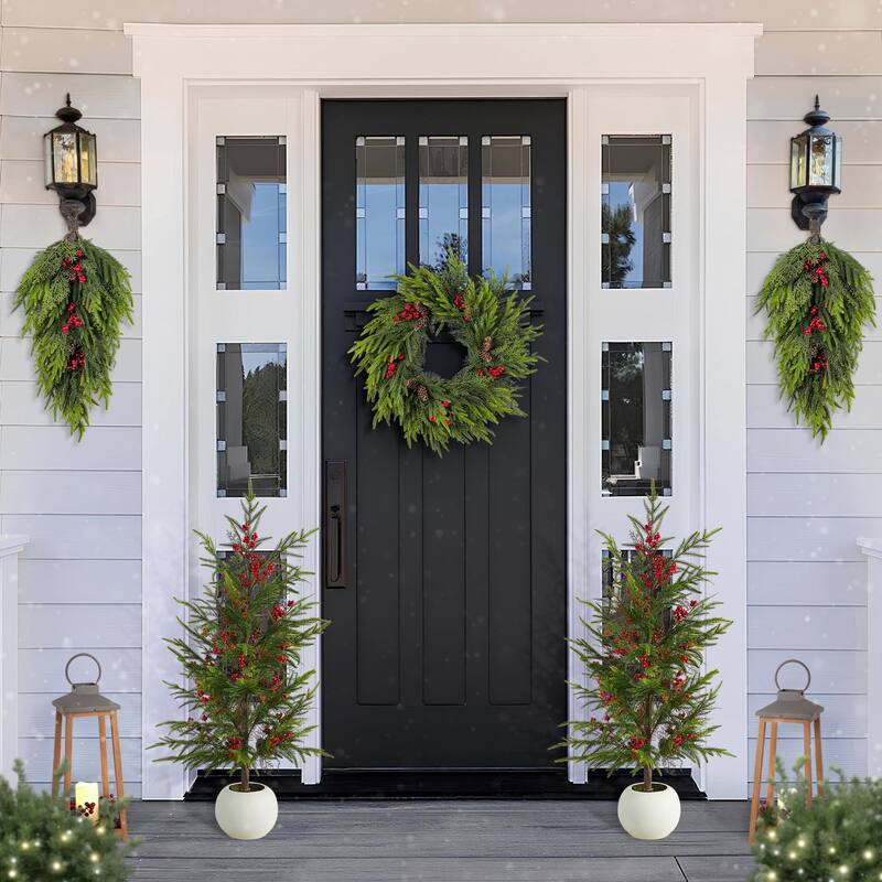 Glitzhome Christmas Greenery PE Dripping Pine Porch Tree with Pinecones and Red Berries