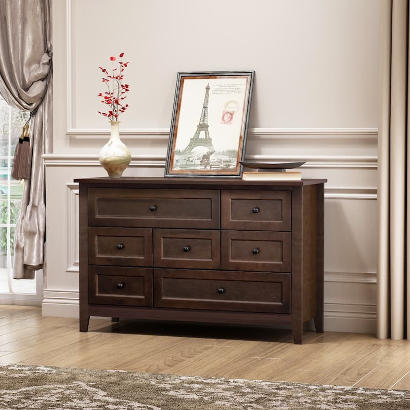 Retro Style 7-Drawer Solid Wood Horizontal Dresser with Round Handle for Bedroom, Living Room