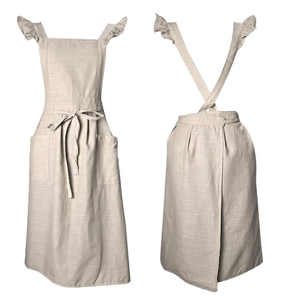 Cotton Linen Aprons Cross Back Pinafore Aprons Dress w Pockets, Beige -  43.3 inch - Bed Bath & Beyond - 41635295