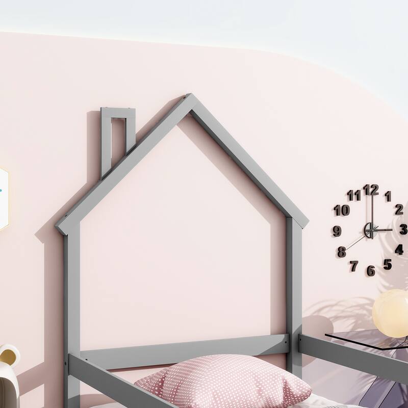 Whimsical Twin Floor Bed with House-Style Headboard and Full-Length Guardrails for Kids