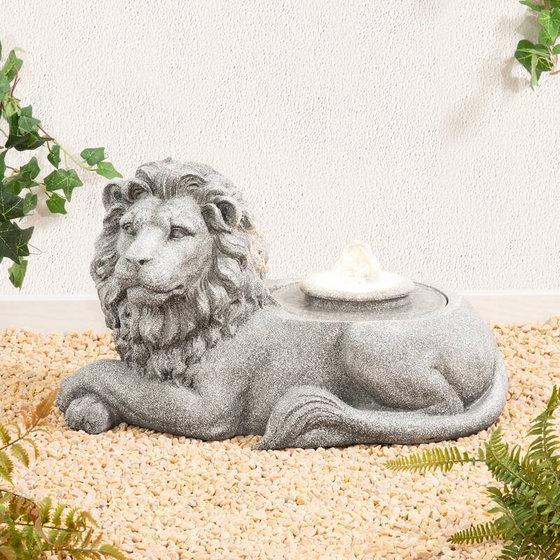 Glitzhome 20"L Zen-Style Lying Lion Polyresin Outdoor Fountain with Pump and LED Light
