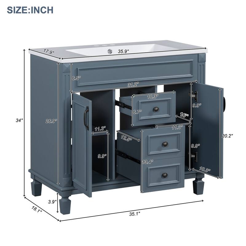 GDFStudio - Marwood Modern Bathroom Vanity Set with Ceramic Sink and Mirror Cabinet with 2 Soft Closing Doors & Drawers - 35.9'W