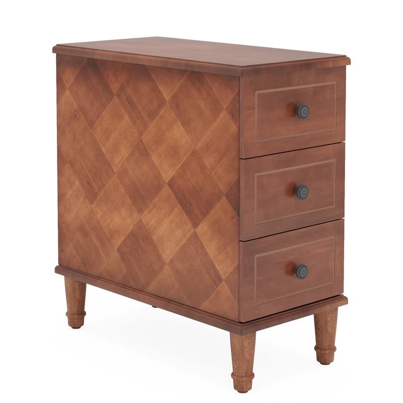 11.81" Solid Wood Narrow End Table, Fully Assembled 3-Drawer Nightstand, Slim Bedside Table, Brown Pre-Assembled Side Table