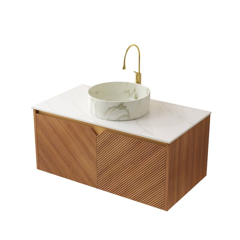 GDFStudio - Ruben Modern Floating Bathroom Vanity with Twill Double Doors & Vessel Basin, WITHOUT Faucet