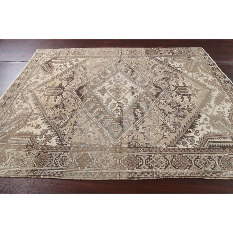Vintage Geometric Distressed Heriz Persian Area Rug Wool Hand-knotted - 7'0" x 9'2"