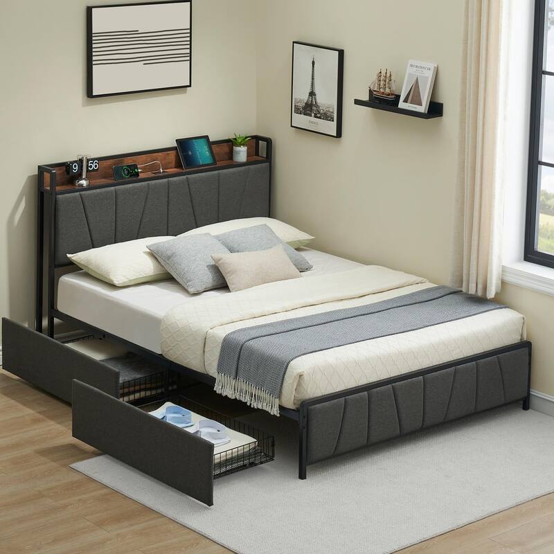 Bed Frame with 2 Storage Drawers and Charging Station