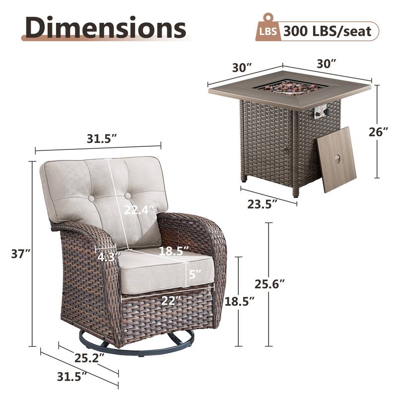 TWrap 5-Piece Wicker Patio Fire Pit Conversation Set with Swivel Gliders and 5-Inch Cushions