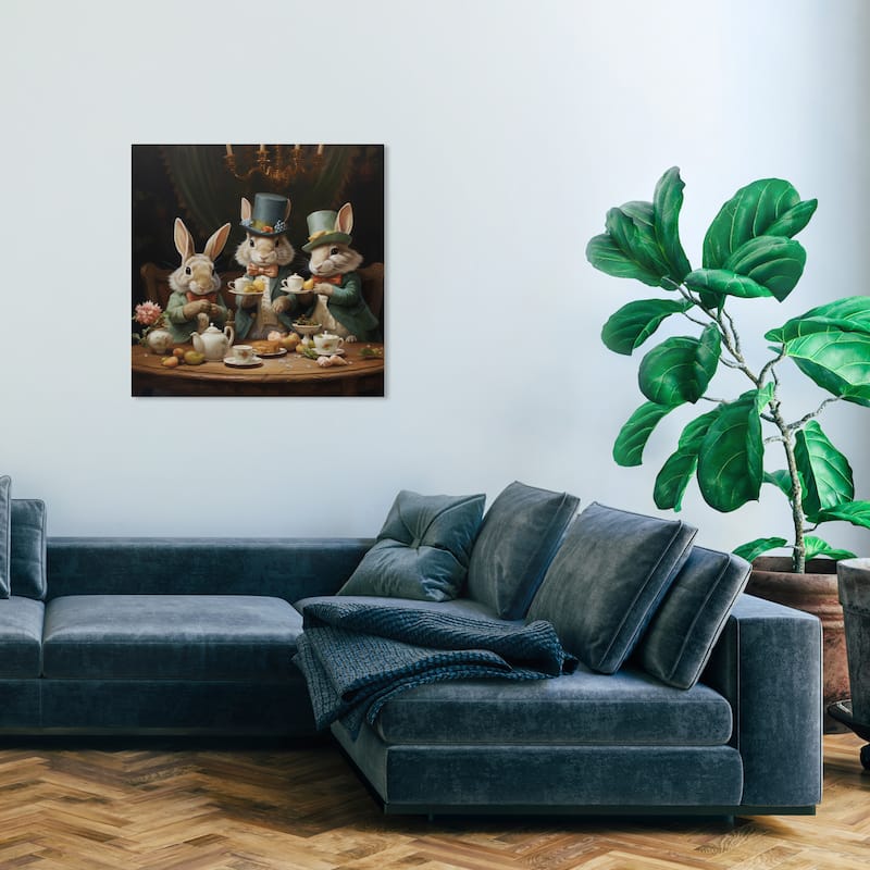 Wynwood Studio Canvas Animals Hare Tea Party Blue and Traditional Wall Art Canvas Print - 30 x 30