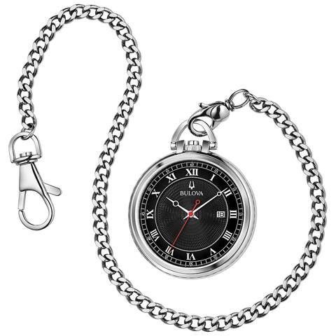Bulova Men's Stainless Black Dial Pocket Watch with Chain