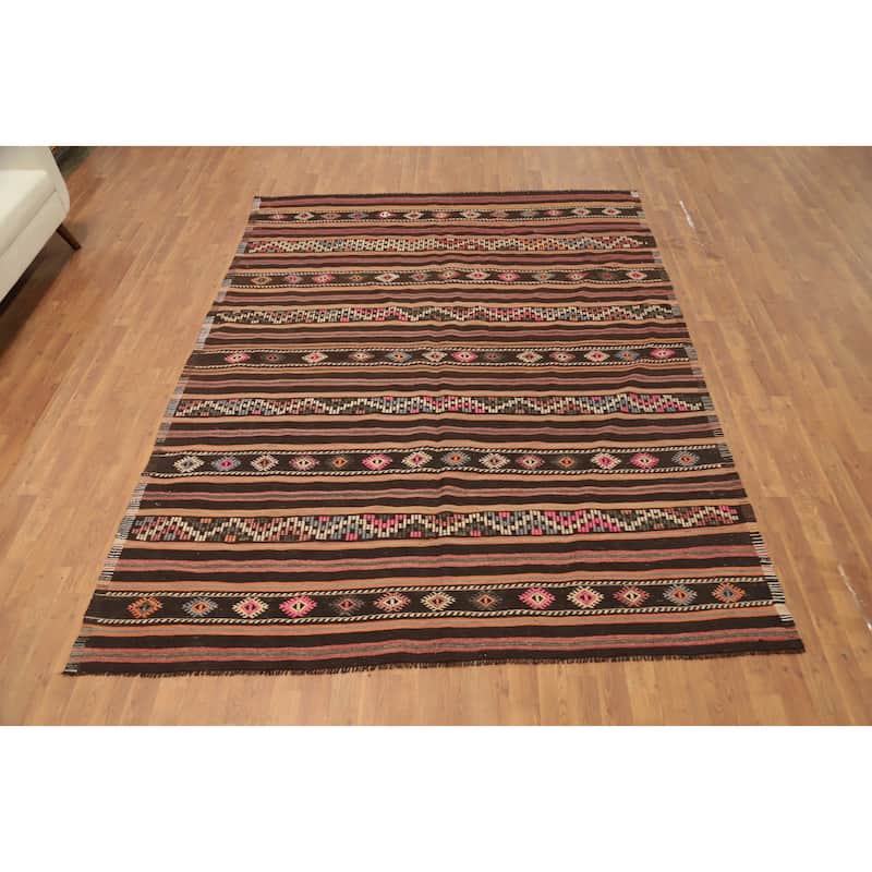 Hand Woven Oriental 100% Wool Carpet Southwestern Tribal Multi-Colored Kilim Area Rug - 9' 3'' X 7' 1''