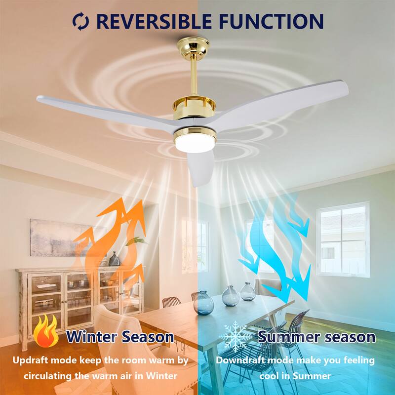 52 Inch White and Gold Ceiling Fans with Lights and Remote, 3 Solid Wood Blades, 6 Speeds, Quiet DC Motor - Gold+White